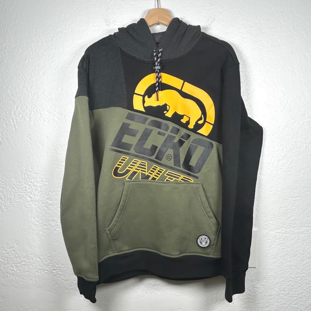 Ecko Unltd Green Black Colorblock Graphic Hoodie Sweatshirt Size M